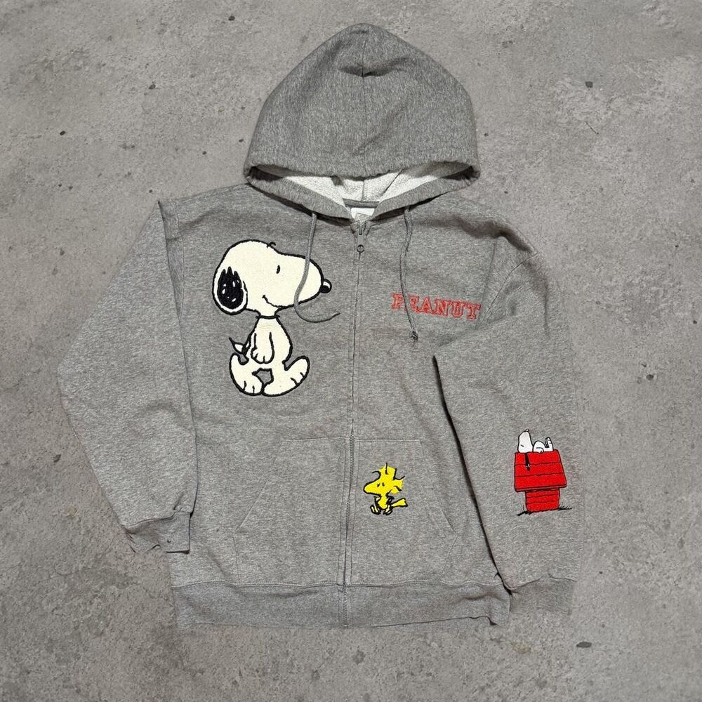 Gray Peanuts Snoopy zip up Hoodie with Snoopy Woodstock and the Red Doghouse Wom